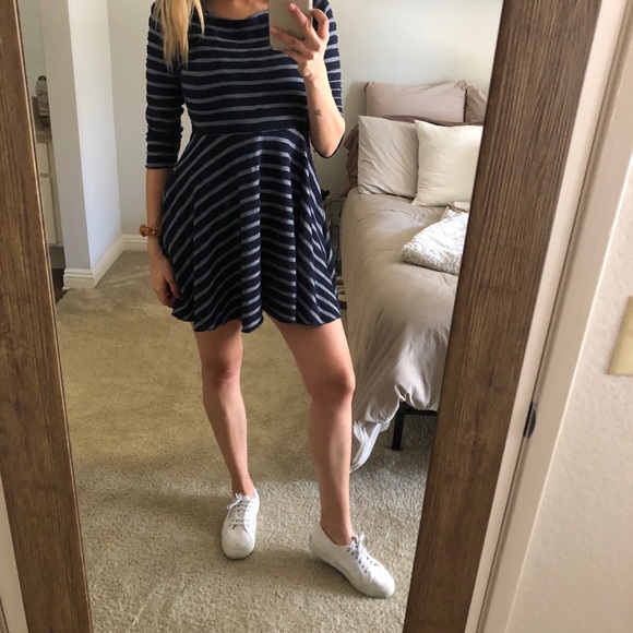 free people blue striped dress Free People Goldie Baloon Sleeve Dress Indigo Combo / Medium main image 0
